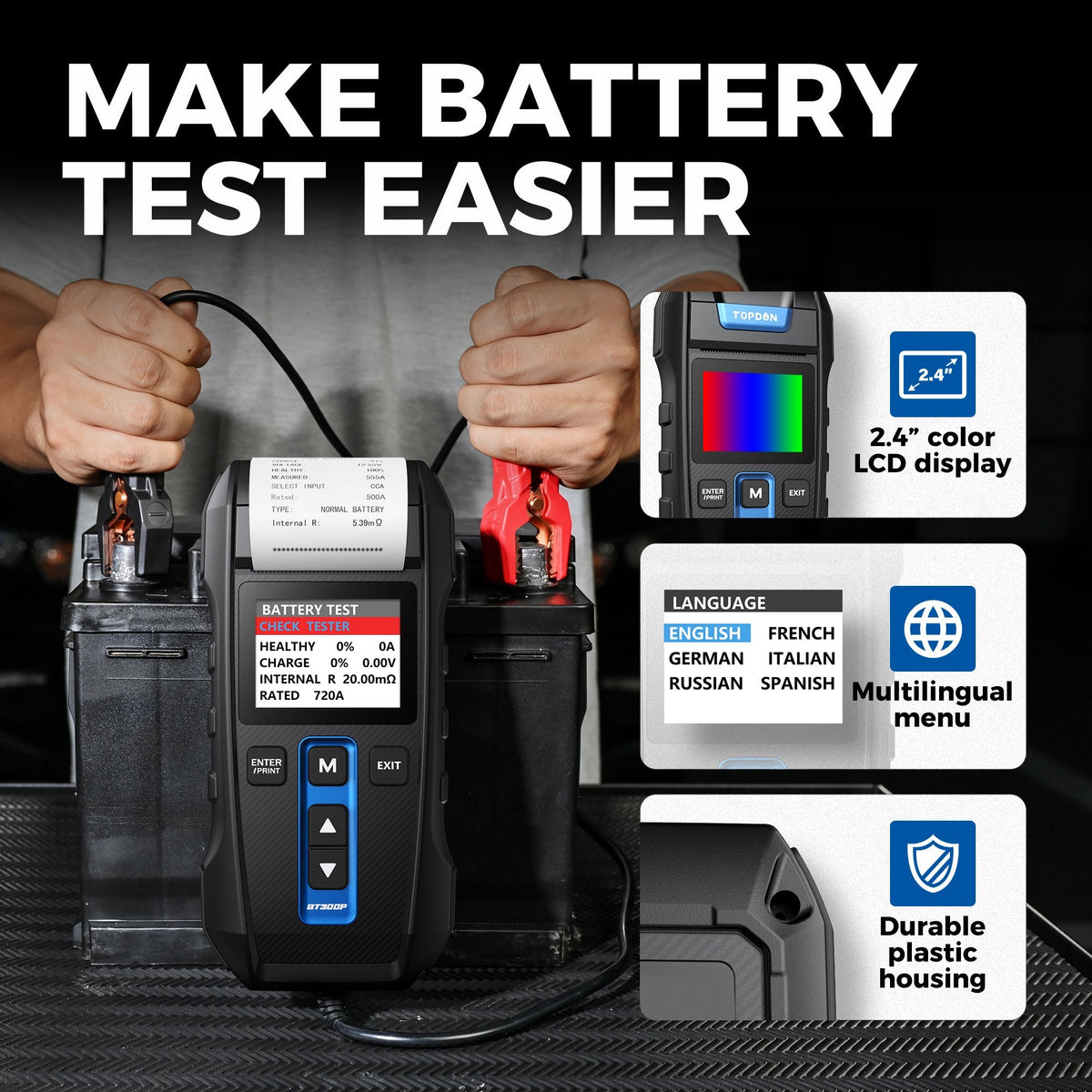 TOPDON BT300P batteritester skriver ut resultat
